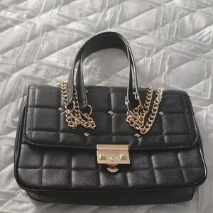 GUESS Black Quilted Satchel with Gold Hardware